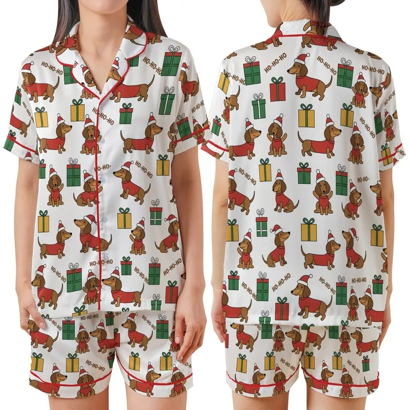 Dachshund Lovers' Whimsical Christmas Dachshunds Red Santa Hat Sweater Green Yellow Gifts HO-HO-HO Pattern Satin Short-Sleeve Pajamas Set - 1