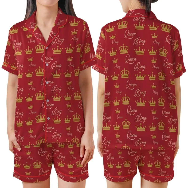 Royal Style Enthusiasts' Ruby Red King Queen Crown Matte Gold Rose Gold Script Seamless Pattern Satin Short-Sleeve Pajamas Set - DP-k_VULx-