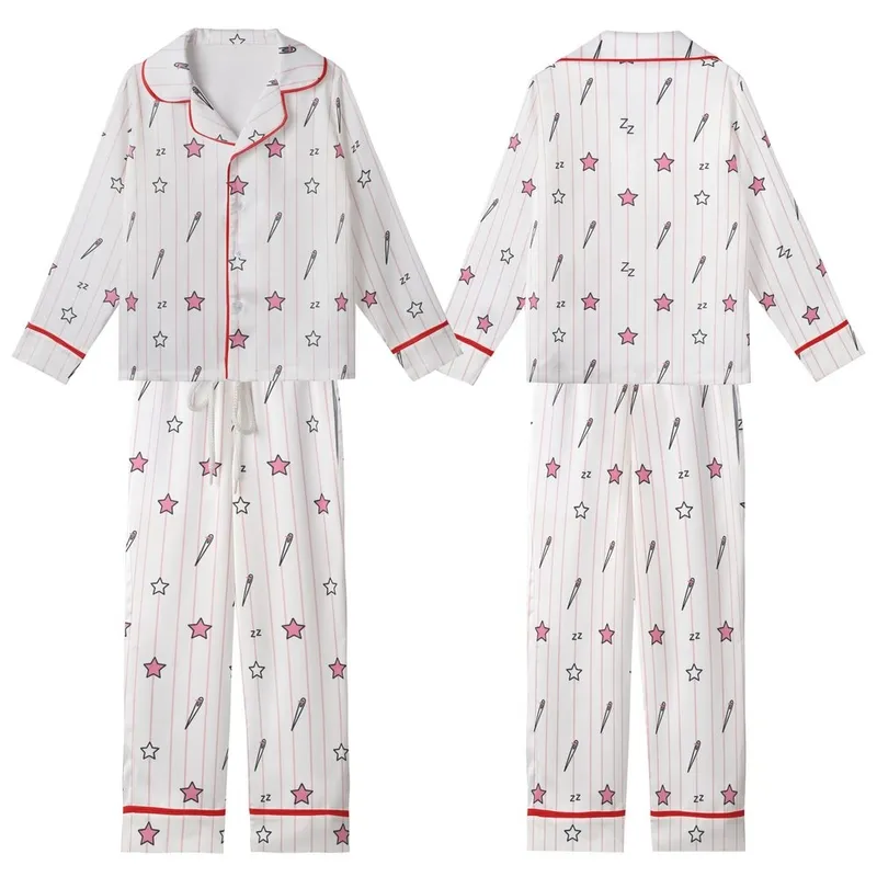 DIY Pajamas Set Pattern PDF: Pale Pink Stripes, Sewing Needles, Stars & Zzz Motifs Kid Satin Pajamas Set - 1