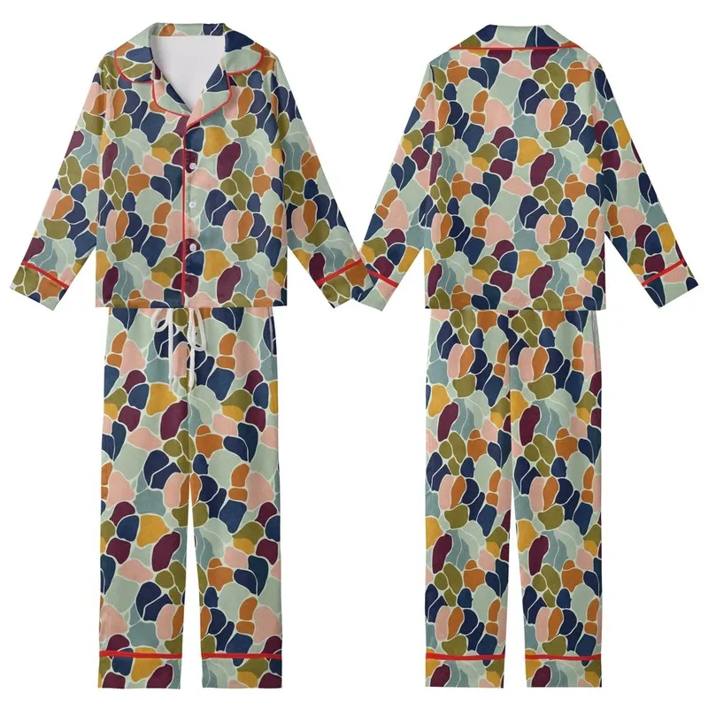 Earthy Aesthetic Enthusiasts' Organic Abstract Layered Shapes Muted Sage Green Pale Blue-Grey Design Kid Satin Pajamas Set - 1