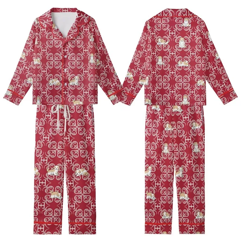 Dog Lovers' Elegant Crimson Red White HH Monogram Scrollwork Tan Dog Seamless Pattern Kid Satin Pajamas Set - -CjgbD0I0c