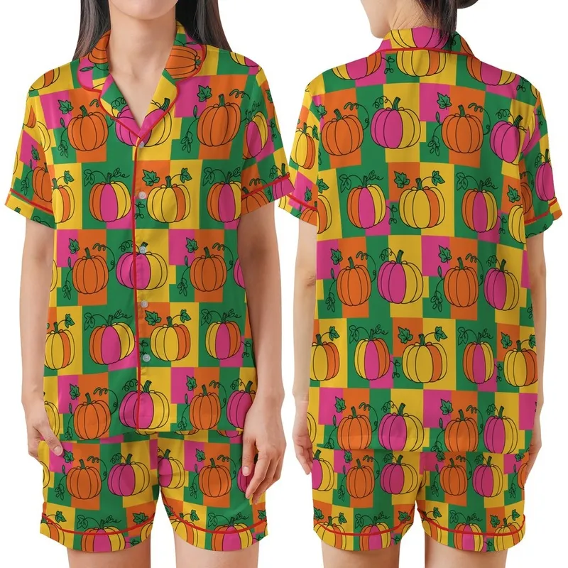 Autumn Lovers' Bold Flat Illustrative Pumpkins Neon Pink Yellow Green Geometric Blocks Satin Short-Sleeve Pajamas Set - 1