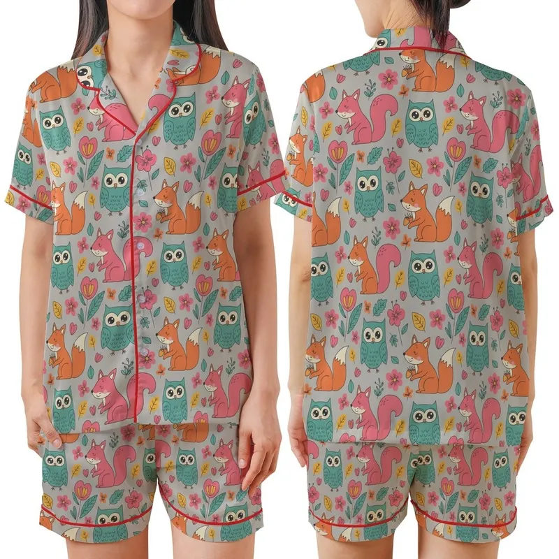 Whimsical Style Lovers' Hand-Drawn Orange Fox Teal Owl Pink Squirrel Floral Taupe-Grey Satin Short-Sleeve Pajamas Set - 1
