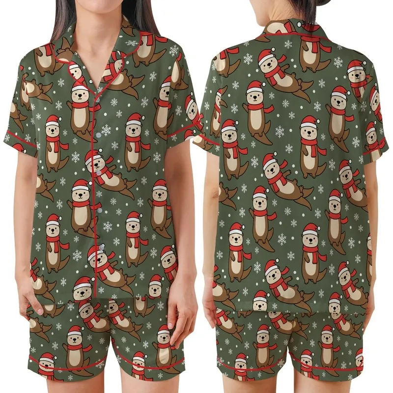 Festive Animal Lovers' Playful Brown Otters Red Santa Hats Scarves Dark Olive Green Snowflake Seamless Pattern Satin Short-Sleeve Pajamas Set - 1