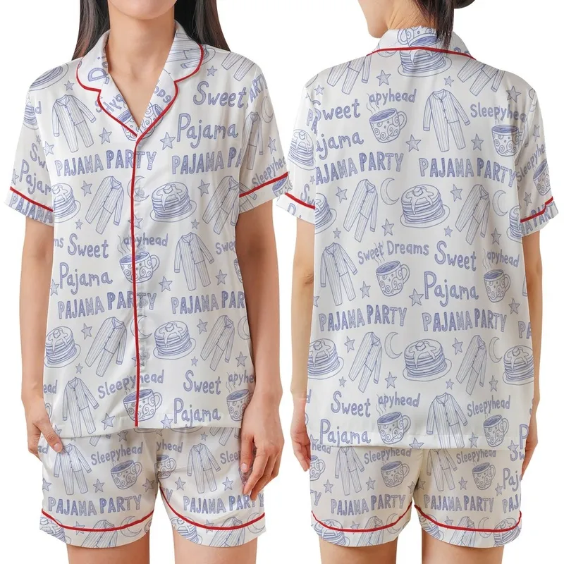Sleepyhead's Whimsical Periwinkle Doodle All-Over Pattern Satin Short-Sleeve Pajamas Set - 8NNtKS2mWU