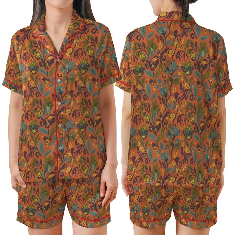 Women's 1970s Folk Art Floral Cotton Sleep Set - Boho Print Loungewear with Contrast Piping Satin Short-Sleeve Pajamas Set - 1