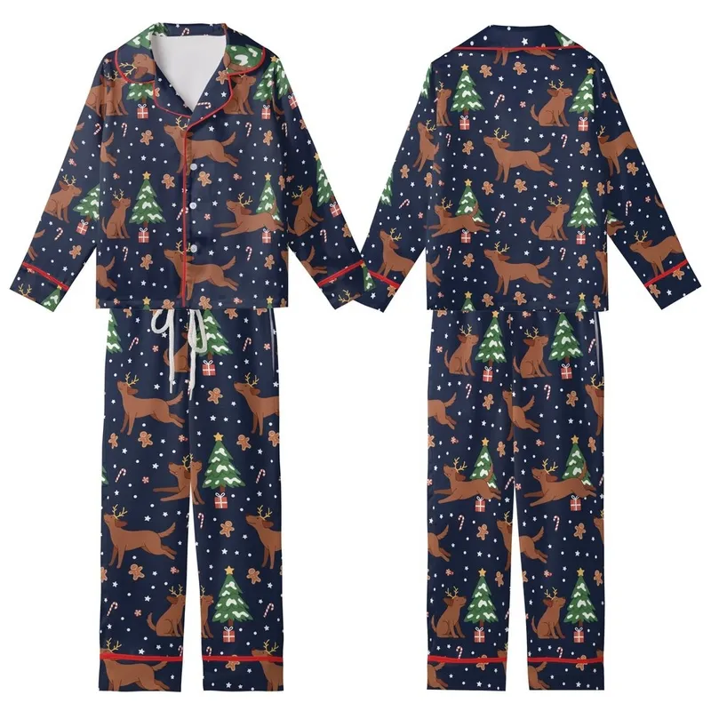 Festive Dog Lovers' Whimsical Navy Blue Labrador Reindeer Antler Gingerbread Christmas Pattern Kid Satin Pajamas Set - RodHYXxsMw