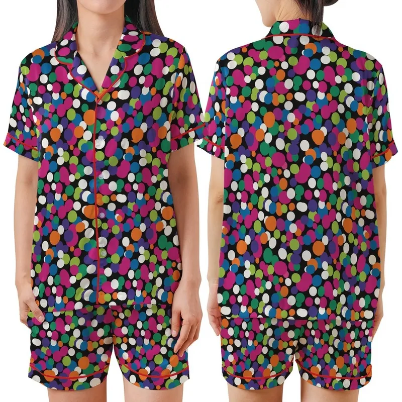 Abstract Style Lovers' Vibrant Multi-Color Organic Shape Scatter Design Solid Black Background Satin Short-Sleeve Pajamas Set - ImwAqoeiyx