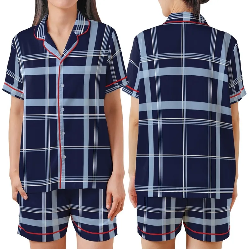 Classic Style Enthusiasts' Intricate Deep Navy Blue Tartan Plaid Pattern with Layered Sky Blue and Crisp White Grid Satin Short-Sleeve Pajamas Set - 1