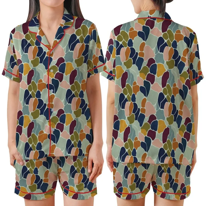 Earthy Aesthetic Enthusiasts' Organic Abstract Layered Shapes Muted Sage Green Pale Blue-Grey Design Satin Short-Sleeve Pajamas Set - 1