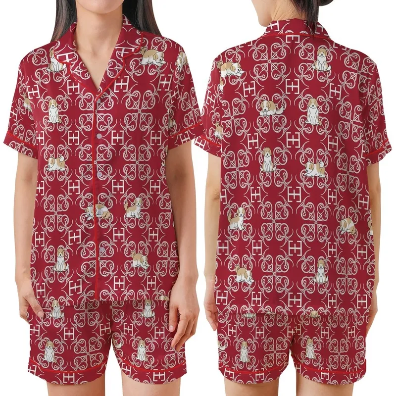 Dog Lovers' Elegant Crimson Red White HH Monogram Scrollwork Tan Dog Seamless Pattern Satin Short-Sleeve Pajamas Set - ekwY--es-q