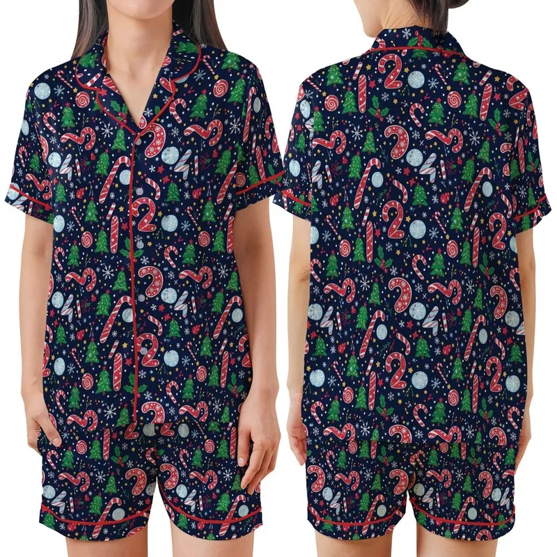 Holiday Enthusiasts' Whimsical Navy Blue Christmas Numerals Pattern with Holly Berries Snowflakes Candy Canes Satin Short-Sleeve Pajamas Set - ZRn6HWNeQe