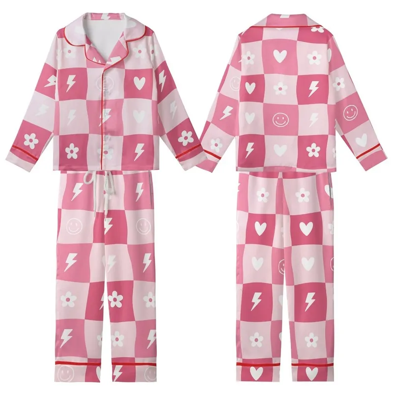 Playful Spirits' Vibrant Pastel Pink Wavy Checkerboard Smiling Faces Hearts Pattern Kid Satin Pajamas Set - 1