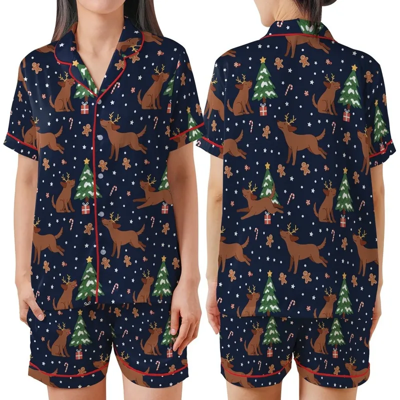 Festive Dog Lovers' Whimsical Navy Blue Labrador Reindeer Antler Gingerbread Christmas Pattern Satin Short-Sleeve Pajamas Set - ErupdHUHds