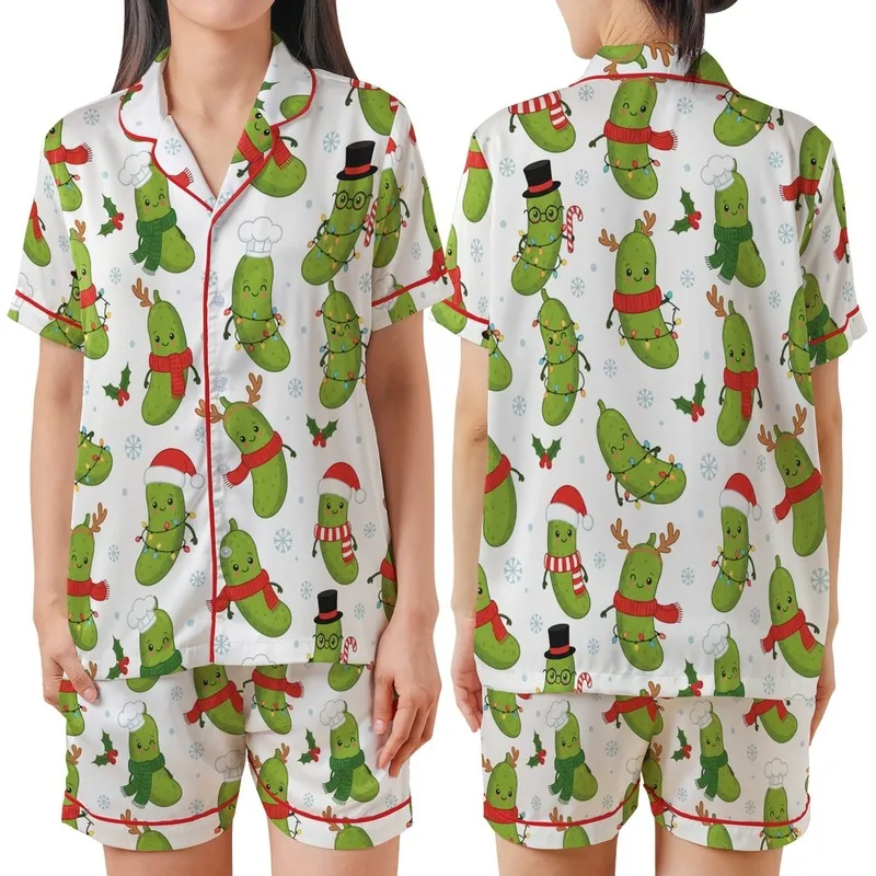 Retro Christmas Pickle Pajamas Set: Whimsical Cartoon Pickles with Santa Hats, Antlers & String Lights Satin Short-Sleeve Pajamas Set - 1