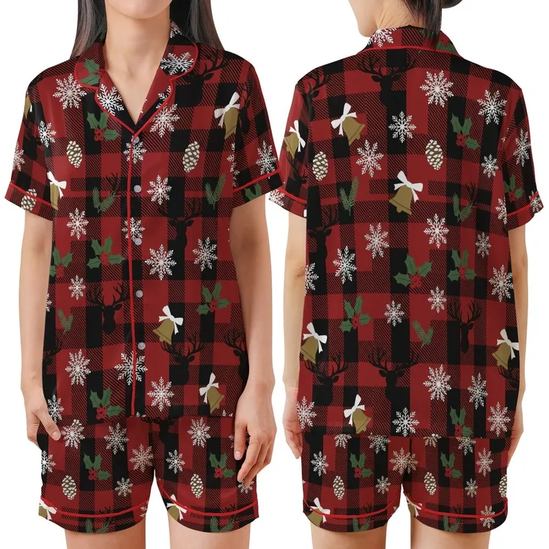 Rustic Winter: Red Black Buffalo Plaid Reindeer Snowflake Holly Berry Pattern Art Satin Short-Sleeve Pajamas Set - 1