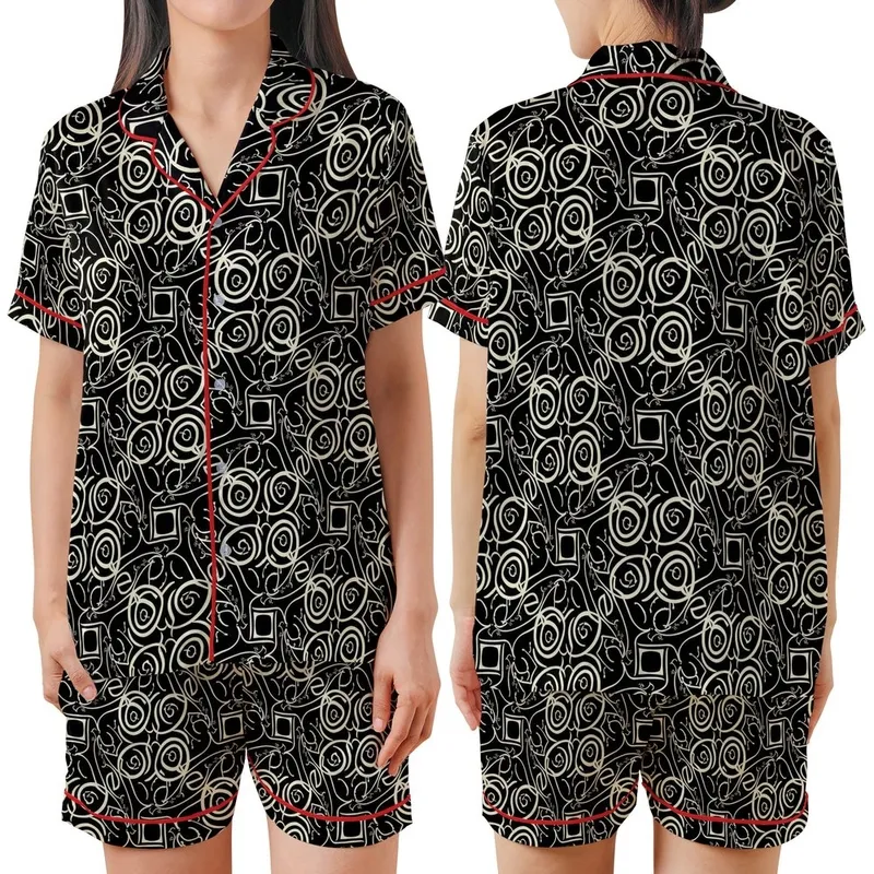Women's Personalized Satin Long Sleep Set: Elegant Calligraphic Script Black & Off-White Design Satin Short-Sleeve Pajamas Set - n-XroK5Pga