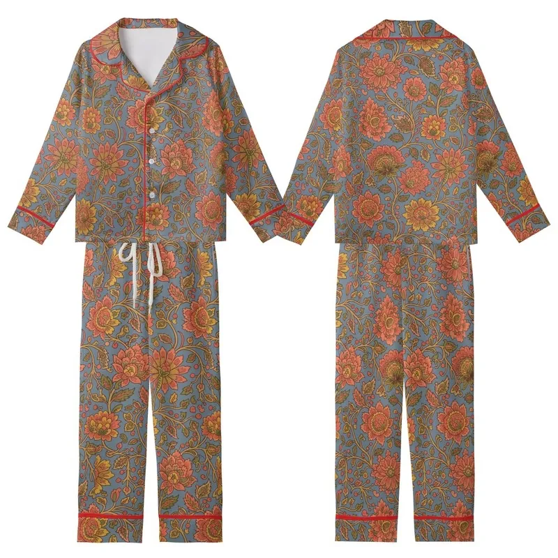 Women's Muted Slate Blue Cotton Pajama Set: Hand-Drawn Floral Block Print Loungewear Kid Satin Pajamas Set - yM2d6qumzU