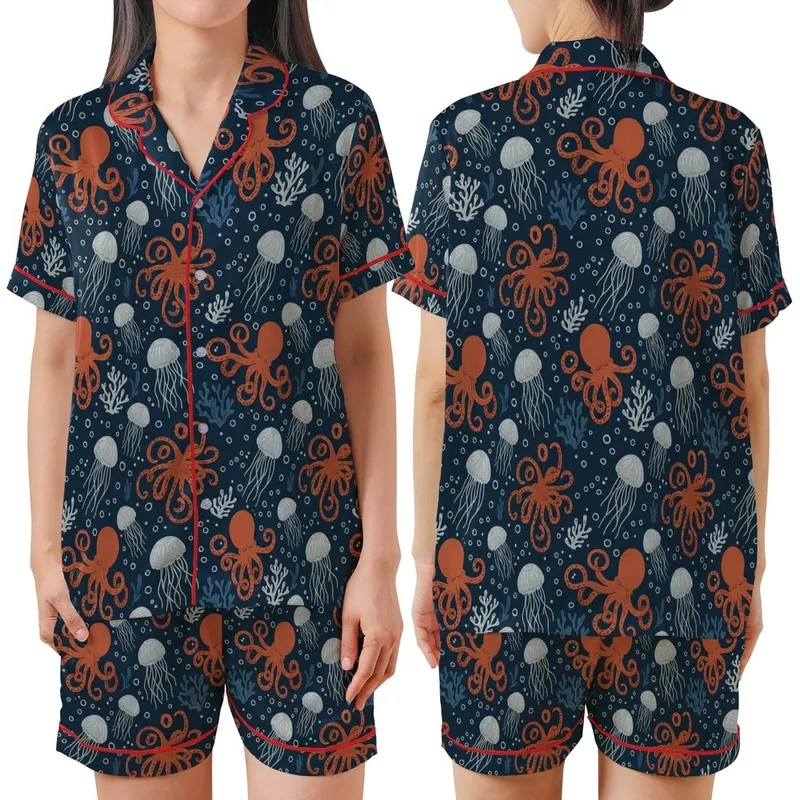 Women's Ocean Octopus Pajamas: Vintage Marine Life Print - Polyester Spandex Sleep Set Satin Short-Sleeve Pajamas Set - x1dMJkFdOI