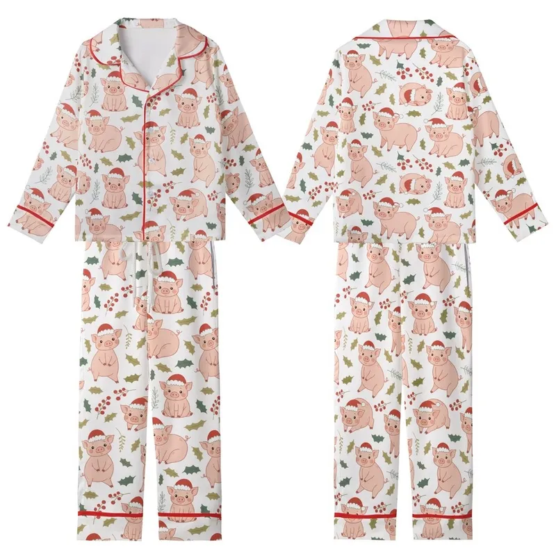 Festive Art Lovers' Whimsical Pink Piggy Santa Hat Green Holly Red Berry Pattern Kid Satin Pajamas Set - 1