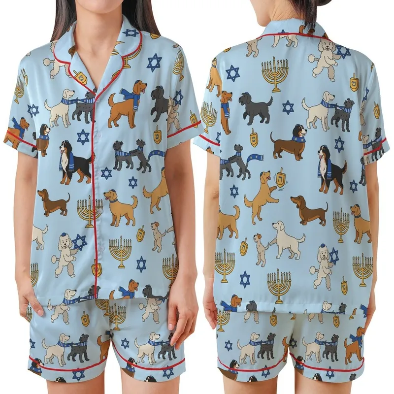 Dog Lovers' Cartoon Hanukkah Celebration Light Blue Pattern with Golden Menorahs & Playful Pups Satin Short-Sleeve Pajamas Set - PVKKYLmMM1