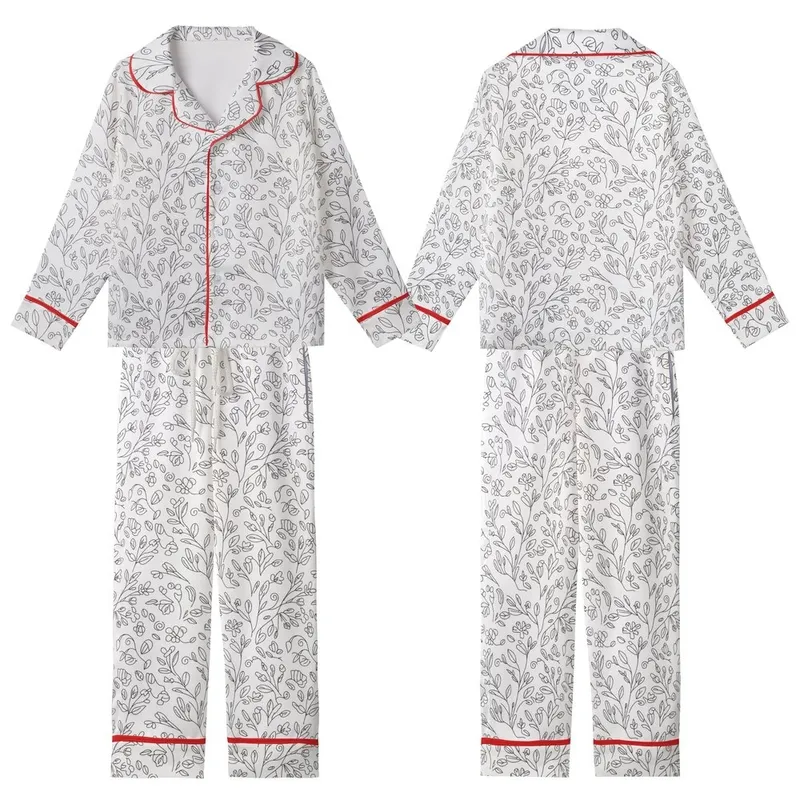 Women's Pure White Black Line Art Delicate Abstract Botanical Repeating Pattern Kid Satin Pajamas Set - oYkKuaHvh9