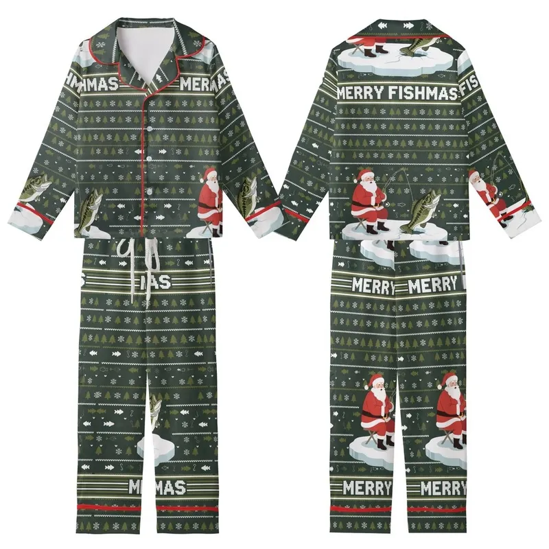 Bass Fisherman Family: Santa Ice Fishing Largemouth Bass 'Merry Fishmas' Poly-Spandex Sleep Set Kid Satin Pajamas Set - 1