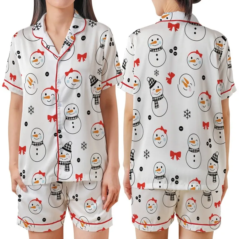 Festive Enthusiasts' Cute Cartoon Snowman Pattern with Bright Red Bows & Buffalo Check Scarves Satin Short-Sleeve Pajamas Set - 1