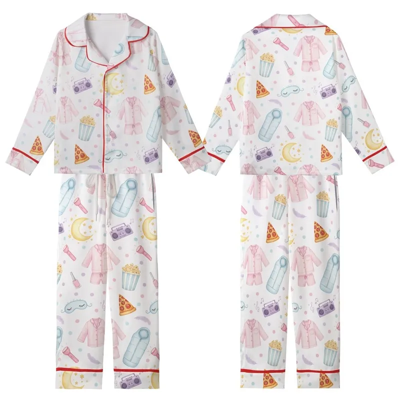 Girls' Watercolor Slumber Party Pajamas: Pink Pizza, Sleep Mask & Movie Night Print Kid Satin Pajamas Set - 1