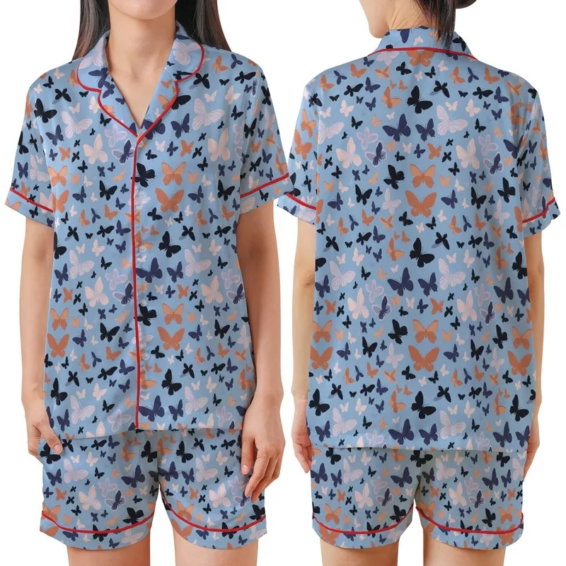 Women's Delicate Butterfly Swarm Pastel Silk Pajama Set: Sky Blue Sleepwear Satin Short-Sleeve Pajamas Set - 1