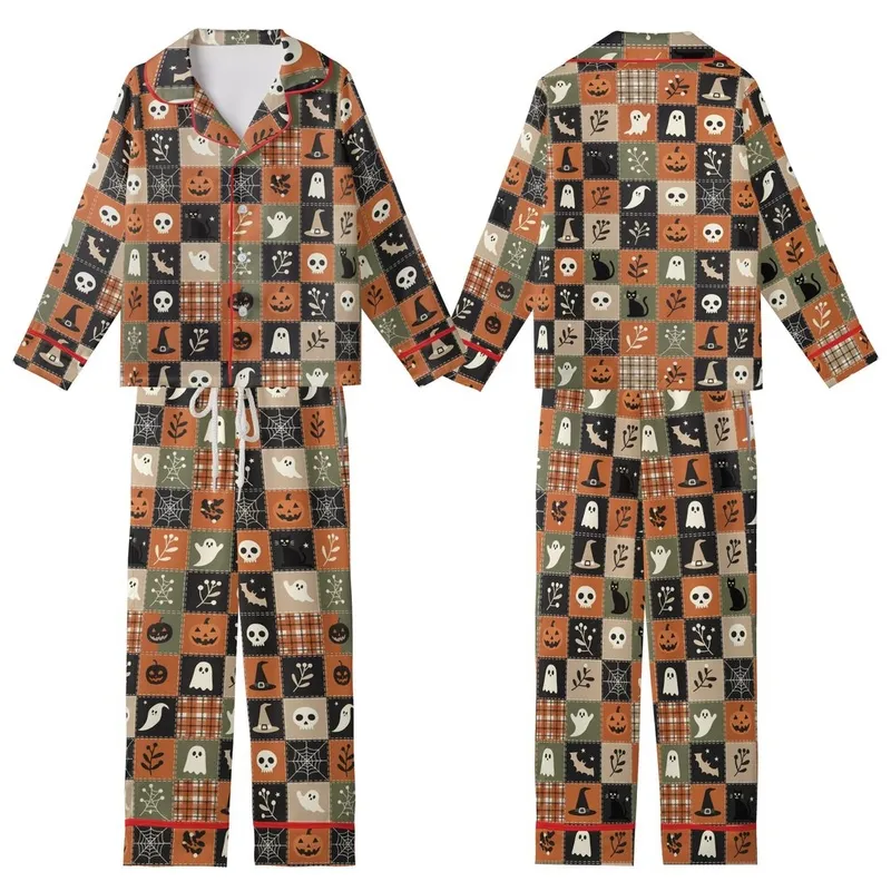 Women's Halloween Patchwork Sleep Set: Quilted Ghost Bat Pumpkin Skull Folk Art Design Kid Satin Pajamas Set - 1