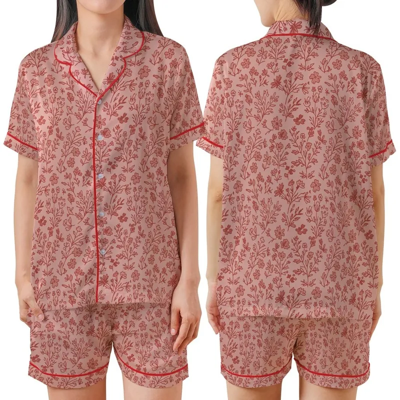 Women's Gentle Skin Loungewear: Rustic Terracotta Wildflower Print Bamboo Cotton Satin Short-Sleeve Pajamas Set - _ePMjOXyqj