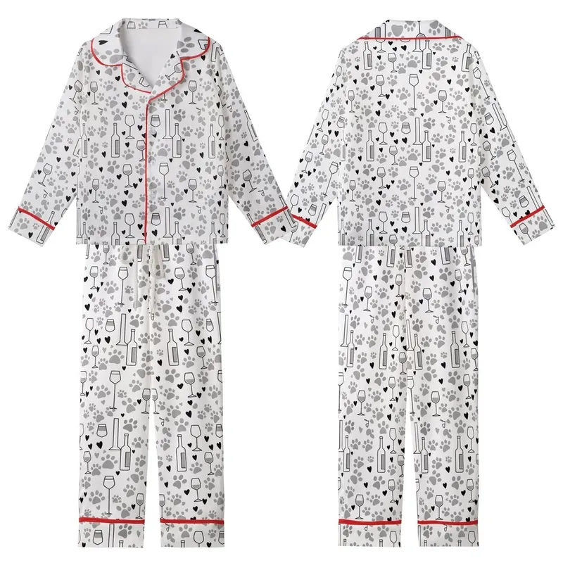 Women's Dog & Wine Lover: Playful Paw Print & Wine Glass Pattern Cozy Loungewear Kid Satin Pajamas Set - Mj0nvdGJqV
