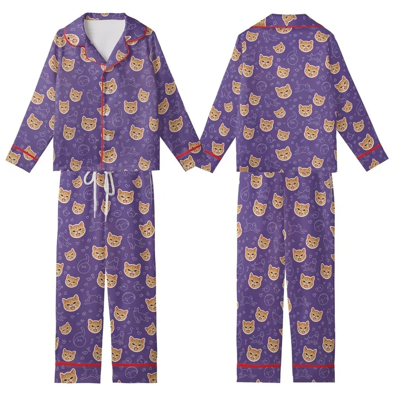 Cat Lovers' Whimsical Lavender Purple Smiling Tabby Kitten Heads & Playful Line Art Cats Pattern Kid Satin Pajamas Set - 1