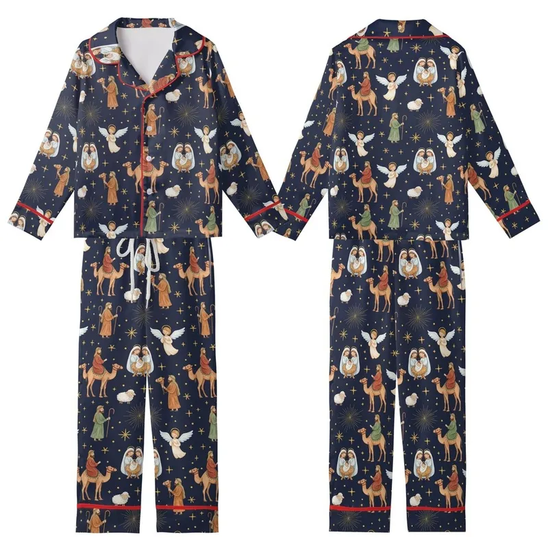 Whimsical Nativity Watercolor Pattern: Manger Scene Angels Wise Men Camels Fabric Print Kid Satin Pajamas Set - 1