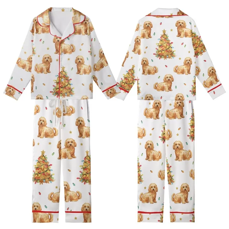 Goldendoodle & Labradoodle Fans: Festive Apricot Doodle Watercolor Christmas Pajama Pants Kid Satin Pajamas Set - 1