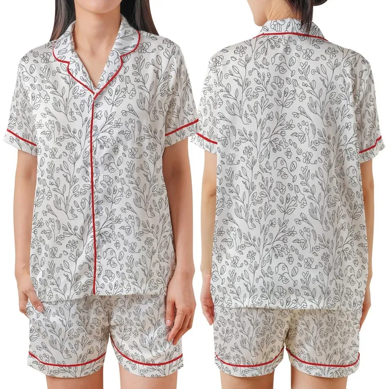 Women's Pure White Black Line Art Delicate Abstract Botanical Repeating Pattern Satin Short-Sleeve Pajamas Set - qBD24WcYox