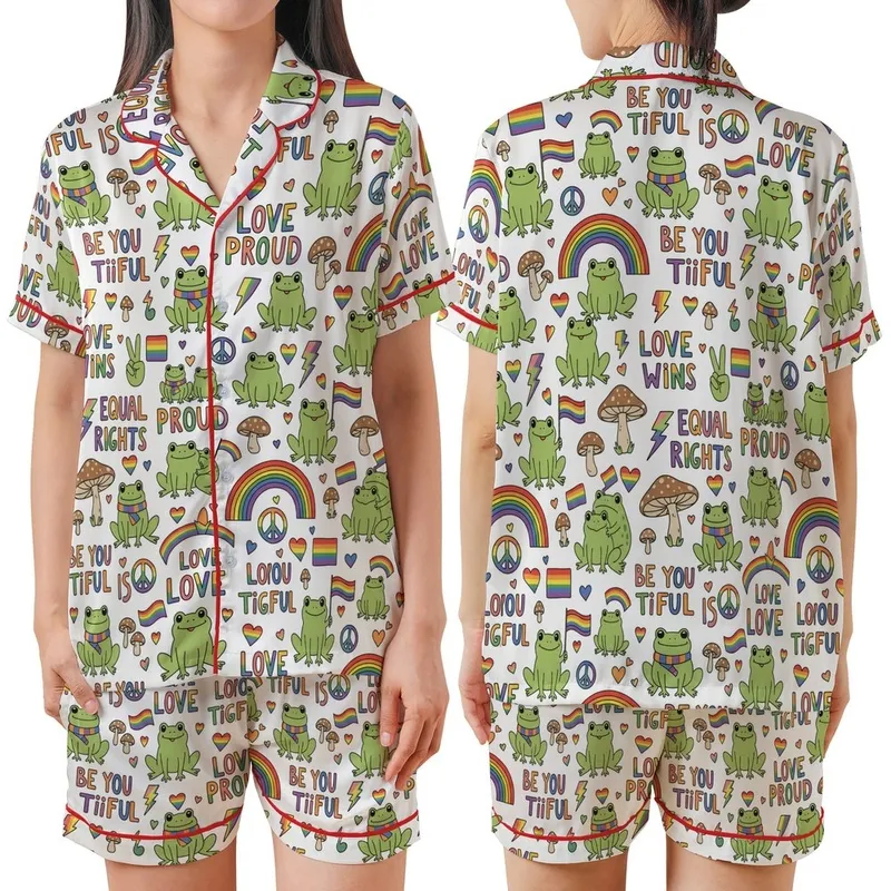 Uplifting Art Lovers' Whimsical Frogs & Rainbow Symbols Pattern, Affirmation Text in Vibrant Green, Full Spectrum Colors Satin Short-Sleeve Pajamas Set - 1