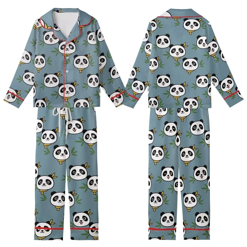 Playful Panda Loungewear: Cartoon Head & Bamboo Print - Cozy Pajamas Set Kid Satin Pajamas Set - D1A8hI3G64