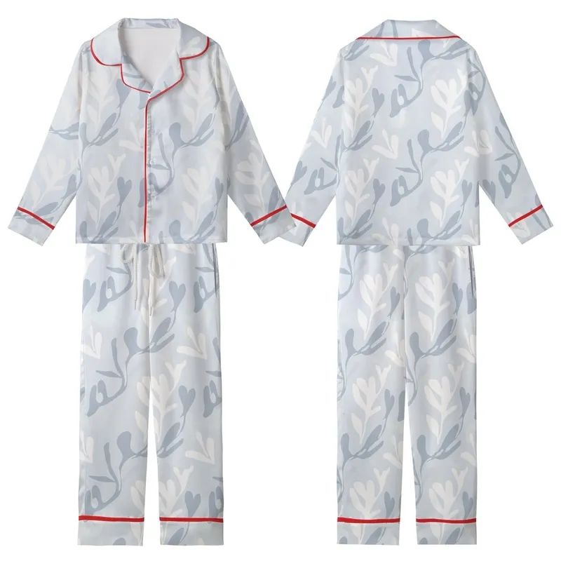 Women's Abstract Botanical Pattern Linen Sleep Set: Organic Stonewashed Comfort Kid Satin Pajamas Set - Cg-pTWrjRc