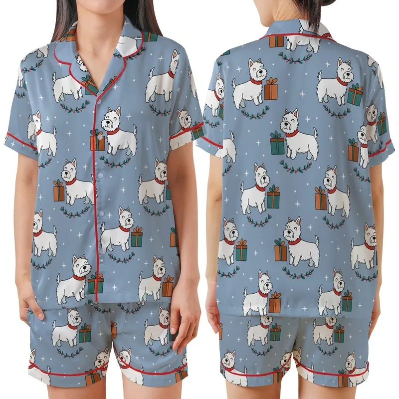 Dog Mom's Periwinkle Westie Christmas Sleepwear - Cute Holiday Dog & Gift Loungewear Set Satin Short-Sleeve Pajamas Set - 1