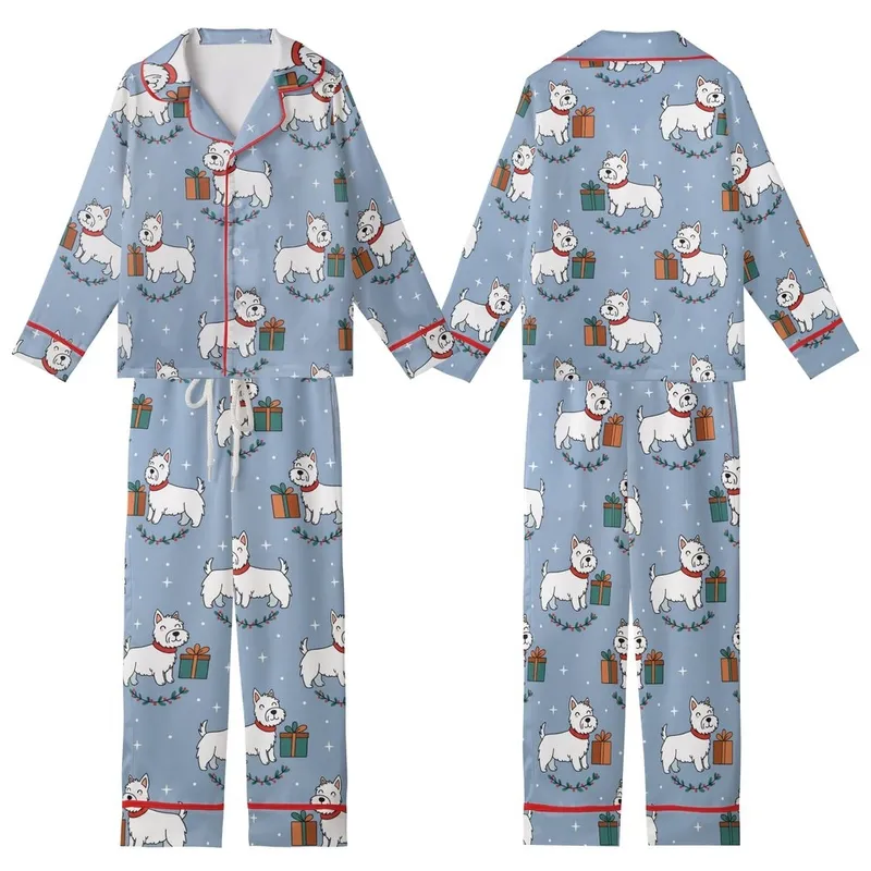 Dog Mom's Periwinkle Westie Christmas Sleepwear - Cute Holiday Dog & Gift Loungewear Set Kid Satin Pajamas Set - 1