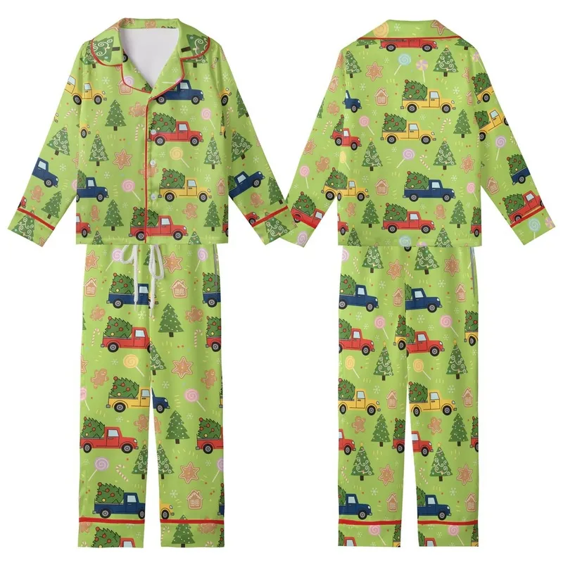 Christmas Enthusiasts' Whimsical Lime Green Pattern with Red Trucks, Forest Trees, Gingerbread Men, Pastel Pink & Purple Candy Kid Satin Pajamas Set - PZ8IvIj1sy