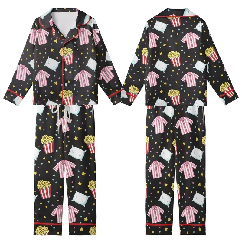 Popcorn & Pajamas Party: Whimsical Chalkboard Popcorn & Sleepwear Pattern Comfort Loungewear Set Kid Satin Pajamas Set - 1