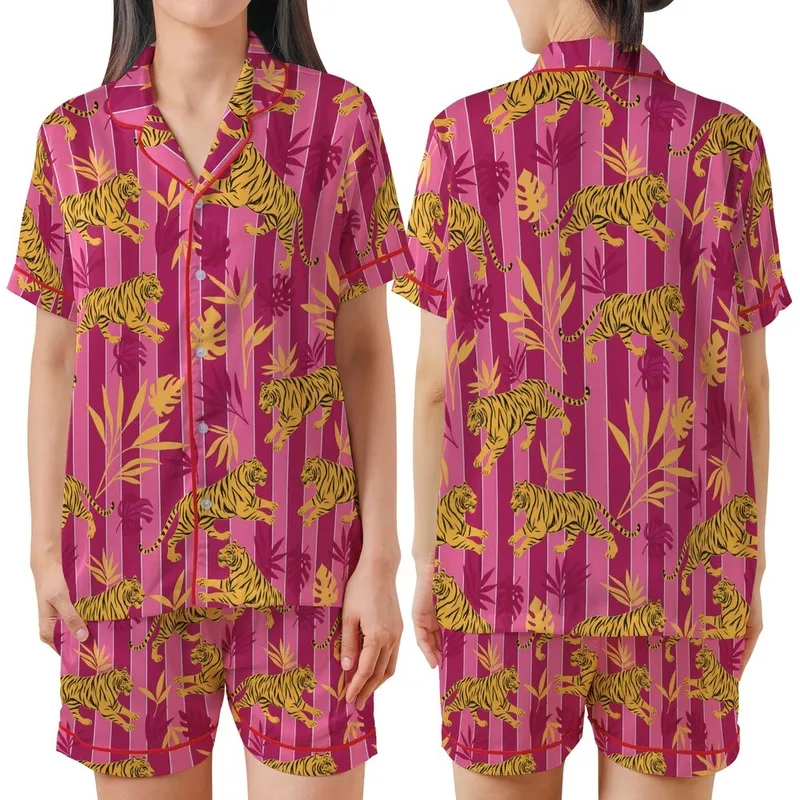 Women's Hot Pink Tiger Safari Block Print Cotton Sleep Set - Bridesmaid Loungewear Satin Short-Sleeve Pajamas Set - 1