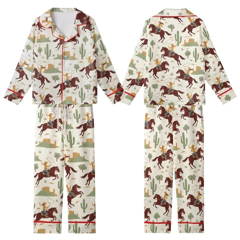 Vintage Art Lovers' Hand-Drawn Western Cowboy Cowgirl Galloping Desert Scene Cream Off-White Kid Satin Pajamas Set - 1