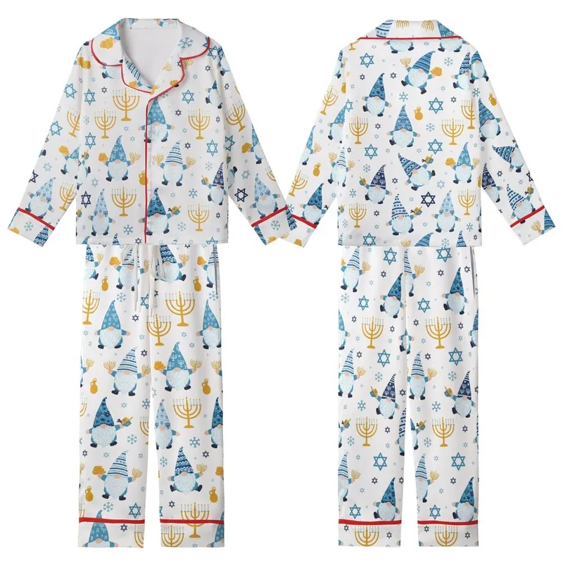 Hanukkah Celebrators' Whimsical Gnomes, Dreidels & Menorahs All-Over Print in Blue, Gold & White Kid Satin Pajamas Set - 1