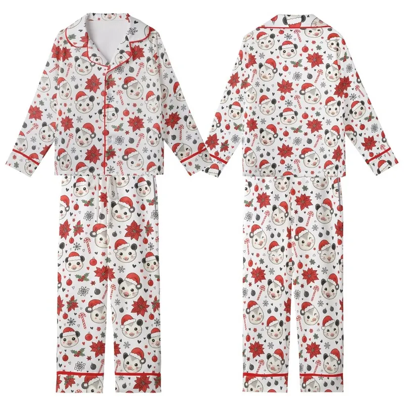 Holiday Animal Lovers' Whimsical Opossum Santa Hat Red & White Christmas Pattern with Poinsettias, Holly & Snowflakes Kid Satin Pajamas Set - jd2gvJgis3