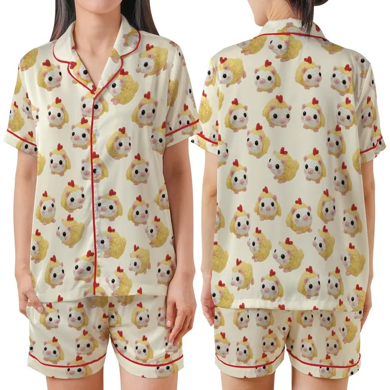 Whimsical Amigurumi Opossum Chicks: Crocheted Pastel Yellow Animal Print Pajamas Satin Short-Sleeve Pajamas Set - 1
