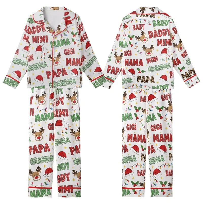 Festive  Pattern: Glitter Knit Leopard Reindeer Santa Holly Lights Satin Short-Sleeve Pajamas Set - 1